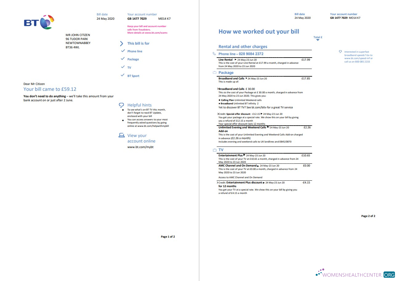 download download United Kingdom BT utility bill template in Word and PDF format, 2 pages PDF template PDF template
